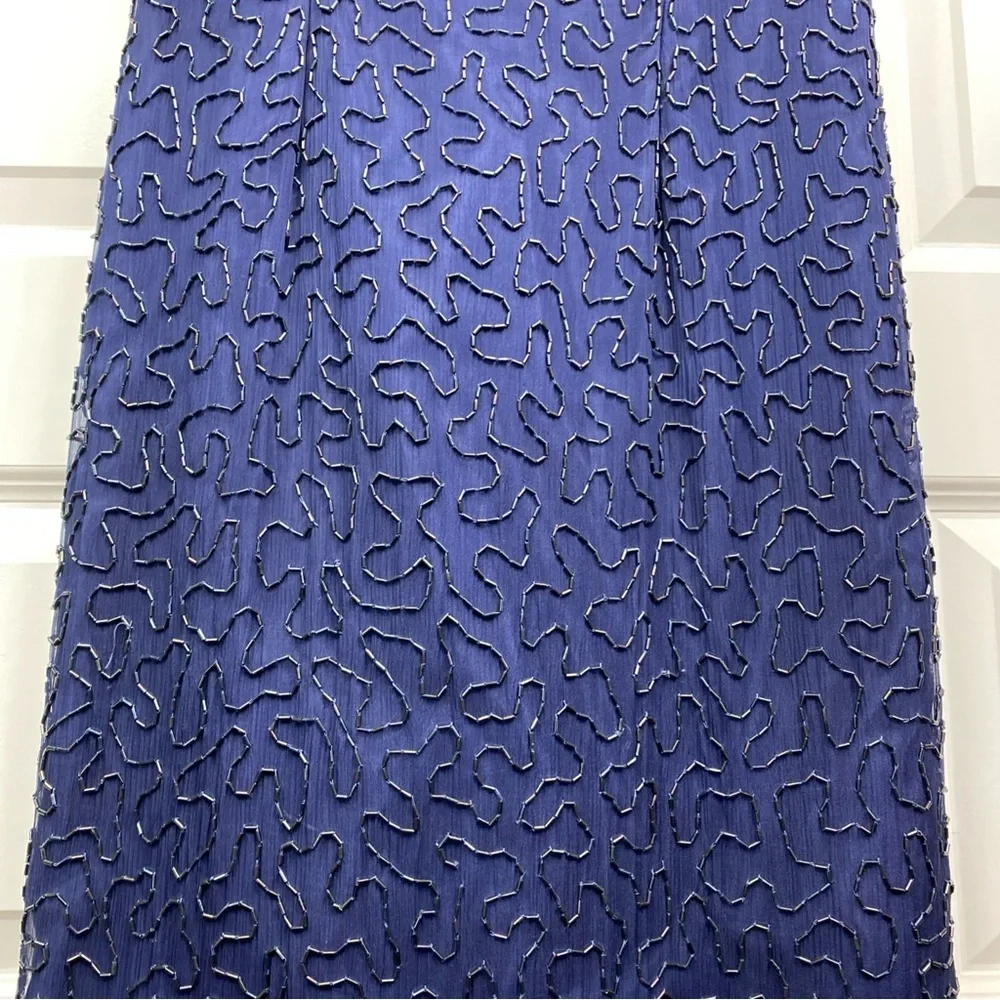 Vintage Silk Lawrence Kazar Embellished Beaded Sequined Sheath Dress Blue Gold M - Picture 5 of 8